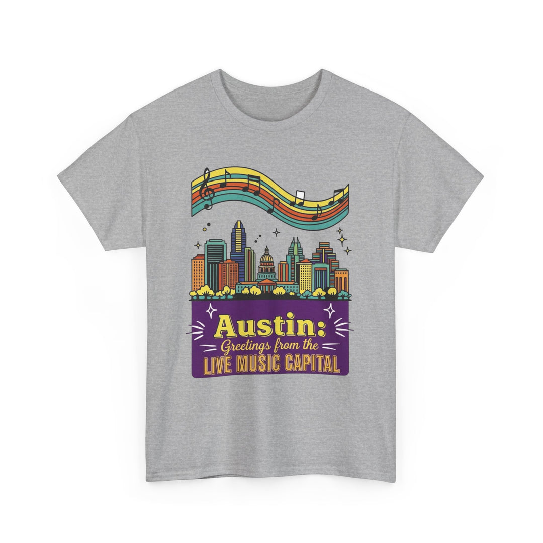 Gray t-shirt with colorful graphic of Austin skyline and text on a white background